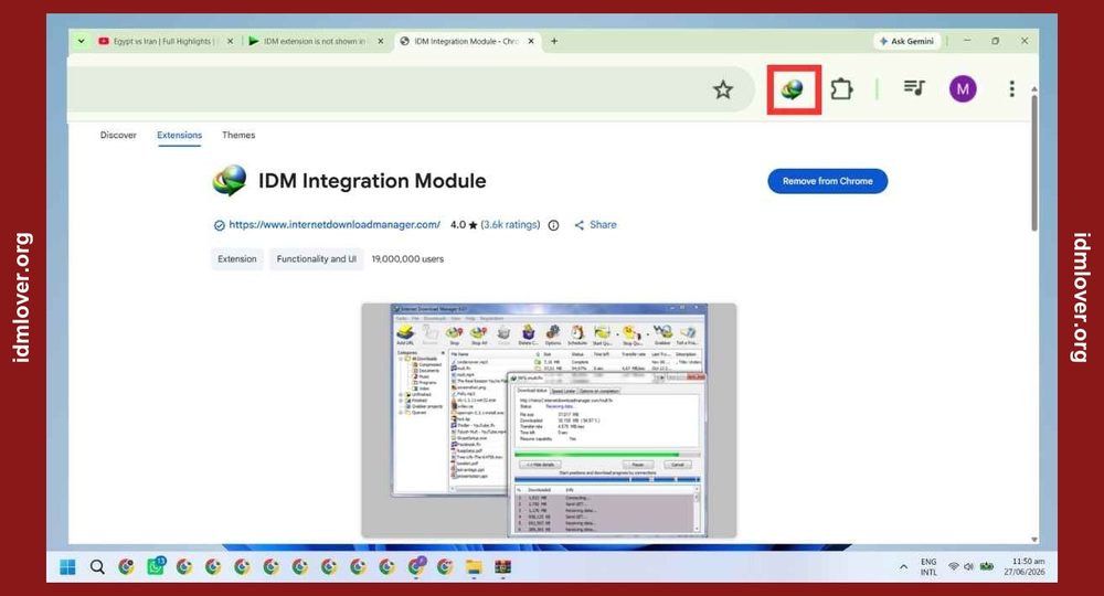 Ícono del módulo de integración de IDM ya visible en la barra de Chrome